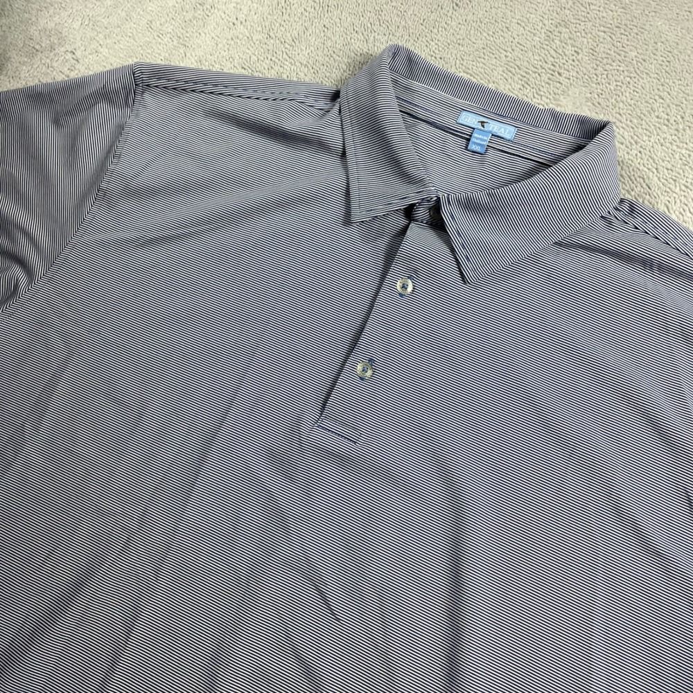 GenTeal Mens XXL Blue White Micro Stripe Performance Polo Shirt Section VII Logo